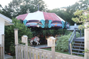 Lance Shinkle's carousel is in his backyard in Falmouth center temporarily. 