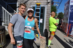 Julie Winslow and her fiance Shawn Spilman just before the start of the Falmouth Road Race.