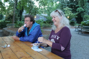 David Hathaway of West Falmouth enjoys his scoop of Maine Black Bear ice cream, while his wife Jane looks on. The two are regulars at Eulinda's Ice Cream in West Falmouth, where scoopers ranked Maine Black Bear the most unique flavor.