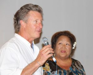 Orleans Chamber of Commerce President Dick Hilmer with Keiko Beatie, adviser to the Surf Heritage Museum in California and historian of surf films.