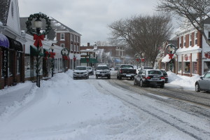 Falmouth's Main Street looks festive, if snowy, during the first major snow storm of 2014.
