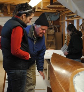 Bill Cooper with a student at the Woods Hole Museum boat shop.