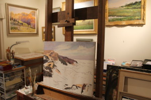 An unfinished painting rests on an easel in Marguerite Falconer's studio in Chatham.