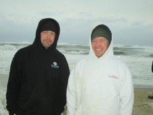 Bad day for surfing. Jim, AKA "Kook" of Orleans, and Matt Farrell of Brewster, both surfers, decide these are not surfing conditions.