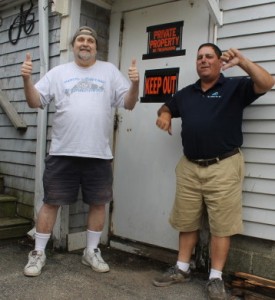 Former bartenders, Stevan "Otis" O'Kernick and Joe Rocha, at the back door.