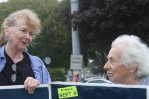 Peneleope Duby and Thelma Goldstein share a moment while campaigning.