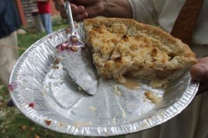 A close-up of the third place winner, an apple crumb pie.