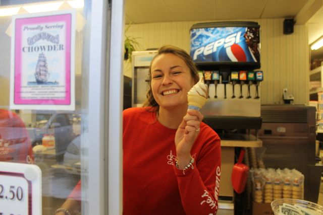 Serving up soft-serve with a smile during a blizzard on opening weekend.