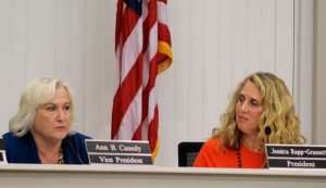 Town Council Vice President Ann Canedy, who left the council in November 2015 because of term limits, and Town Council President Jessica Rapp-Grassetti, on the dais at Canedy's last meeting.
