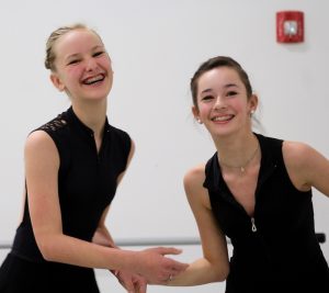 Monica and Eloise share a laugh during a recent "Sea Captain's Nutcracker" rehearsal at Turning Pointe Dance Studio.