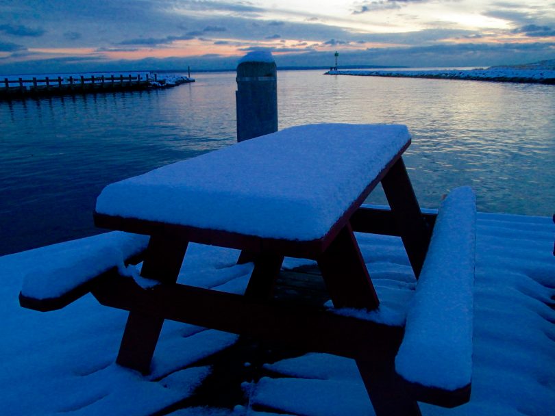 Falmouth Harbor Snow dusk