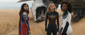 Ms. Marvel (Iman Vellani, left), Captain Marvel (Brie Larson, middle) and Capt. Monica Rambeau (Teyonah Parris) join forces in “The Marvels.” (Marvel Studios)