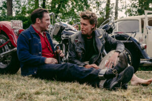 Tom Hardy, left, as Johnny, and Austin Butler, as Benny, in “The Bikeriders.” (Focus Features)