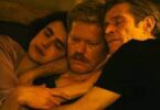 Jesse Plemons, center, appears with Margaret Qualley and Willem Dafoe in “Kinds of Kindness.” (Atsushi Nishijima/Fox Searchlight Pictures)