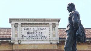 Statue of Giuseppe Verdi next to Casa Verdi. 